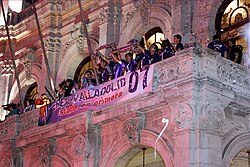 Valladolid players celebrating their 2007 promotion to La Liga on the balcony of the City Hall