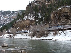 The westbound and eastbound California Zephyrs meet in the Glenwood Canyon.
