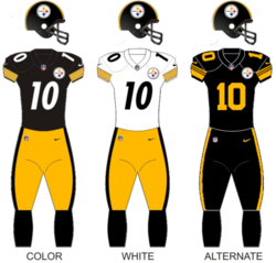 The Steelers current home, away, and alternate (color rush) uniform set.
