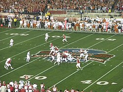 The view from the 50-yard line for the 2010 BCS National Championship at the Rose Bowl in Pasadena, California (Alabama vs. Texas)
