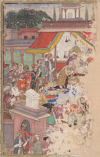 The emperor Jahangir investing a courtier with a robe of honour, watched by Sir Thomas Roe, English ambassador to the court of Jahangir at Agra from 1615 to 1618, and others