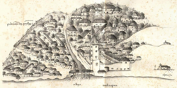 Malacca, with A Famosa, depicted by Albuquerque's scrivener, Gaspar Correia.