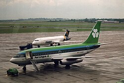 An Aer Lingus Boeing 737-200 and a Ryanair BAC 1-11 in July 1992