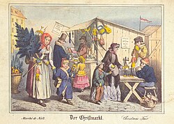 19th-century lithograph showing the Christkindlesmarkt (Christmas market) in Nuremberg, Germany