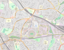 A map of Wembley Stadium in relation to Olympic Way, Wembley Central, Wembley Stadium and Wembley Park stations, and the A406 North Circular Road (bottom right)