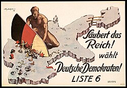 An election poster from the German Democratic Party (DDP) used during the 1928 German federal election, illustrated by Theo Matejko: "Clean up the Reich! Vote German Democrats!"