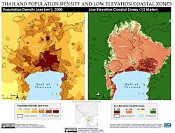 Bangkok population density and low elevation coastal zones. Bangkok is especially vulnerable to sea level rise.