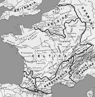 Map of Gaul before complete Roman conquest (c. 58 BCE) and its five main regions: Celtica, Belgica, Cisalpina, Narbonensis and Aquitania.
