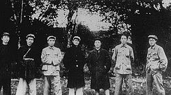 November 1931 photo of the leaders of the CCP. Left to Right: Guzuo Lin, Ren Bishi, Zhu De, Deng Fa, Xiang Ying, Mao Zedong, Wang Jiaxiang