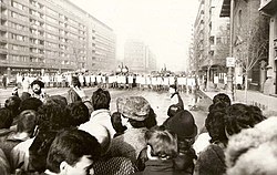 Tanks and Miliția on the Magheru Boulevard in Bucharest during the 1989 Revolution