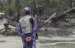 Myanmar security forces member near burnt down houses