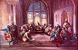 Maharaja Sher Singh attended by his council in Lahore Fort