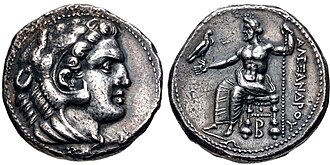 Silver tetradrachm of Alexander the Great struck by Balakros or his successor Menes, both former somatophylakes (bodyguards) of Alexander, when they held the position of satrap of Cilicia in the lifetime of Alexander, c. 333–327 BC. The obverse shows Heracles, ancestor of the Macedonian royal line and the reverse shows a seated Zeus Aëtophoros.[122]