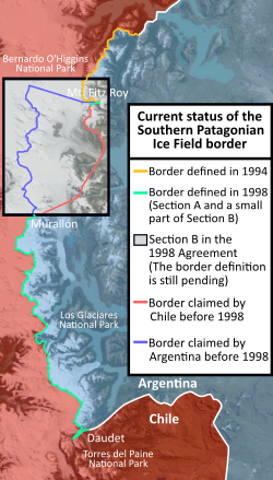 This map shows section A and B of the 1998 agreement between Argentina and Chile.