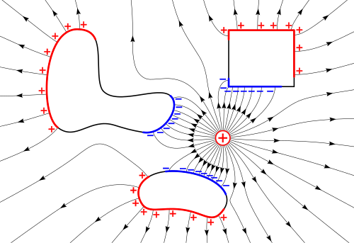 The electrostatic field (lines with arrows) of a nearby positive charge (+) causes the mobile charges in conductive objects to separate due to electrostatic induction. Negative charges (blue) are attracted and move to the surface of the object facing the external charge. Positive charges (red) are repelled and move to the surface facing away. These induced surface charges are exactly the right size and shape so their opposing electric field cancels the electric field of the external charge throughout the interior of the metal. Therefore, the electrostatic field everywhere inside a conductive object is zero, and the electrostatic potential is constant.