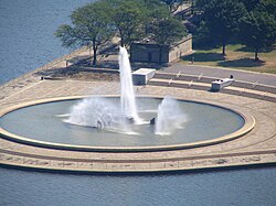 The fountain at Point State Park in Pittsburgh, at the apex of the confluence of the Allegheny (top) and the Monongahela