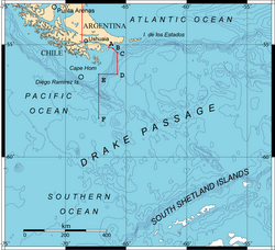 Drake Passage showing the boundary points A, B, C, D, E and F accorded by the Treaty of Peace and Friendship of 1984 between Chile and Argentina