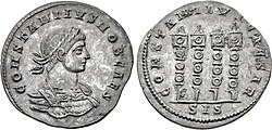 Caesar Constantius II on a miliarense of Siscia , AD 327