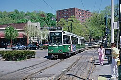 Now-discontinued Boeing US Standard Light Rail Vehicle crossing Washington Street in 1987