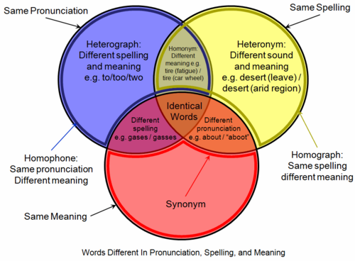 Venn diagram showing the relationships between homophones (blue circle) and related linguistic concepts