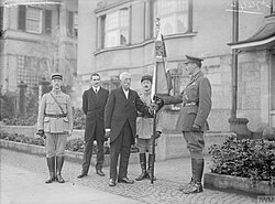 Mayor of Maubeuge presenting the Guards Division with a flag as an appreciation from the town which was taken by the division on 9 November 1918. Major-General Torquhil Matheson is seen receiving the flag, 14 November 1918.