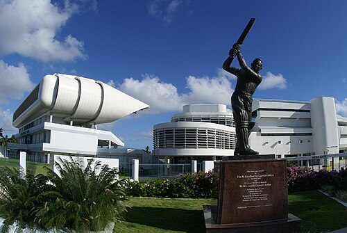 The exterior of Kensington Oval, Bridgetown, features a statue of Sir Garfield Sobers, who has scored more Test runs than any other Barbadian.