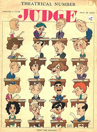 This February 21, 1925 Judge magazine cover by Ralph Barton features caricatures of various movie and theater personalities from the 1920s; click on a caricature to be taken to the corresponding person's Wikipedia article.