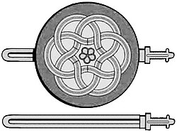 Zulfiqar with and without the shield. The Fatimid depiction of ʿAlī's sword is carved on the gates of Old Cairo, namely Bab al-Nasr (shown below). Two swords were captured from the temple of the pre-Islamic Arabian deity Manāt during the Raid of Sa'd ibn Zaid al-Ashhali. Muhammad gave them to ʿAlī, saying that one of them was "Zulfiqar", which became famously known as the sword of ʿAlī and a later symbol of Shia Islam.[35]