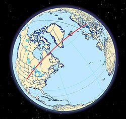 Possible line of meteors (on the modern globe) associated with the Middle Ordovician meteor event 467.5±0.28 million years ago. Although this is suggestive of a single large meteorite shower, the exact alignment of continental plates 470 million years ago is unknown and the exact timing of meteors is also unknown.