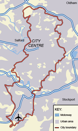 A map showing the boundary of the City of Manchester with the City Centre, Salford, and the airport also labelled. Almost all of the map, both inside and outside of the boundary, is shaded in grey, which denotes urban sprawl.
