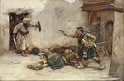 Drummer James Roddick of the Gordon Highlanders defends a wounded officer during British attack at Gundi Mulla Sahibdad during the Battle of Kandahar