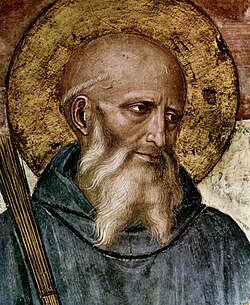 Saint Benedict of Nursia (c. 480–543); detail from a fresco by Fra Angelico (c. 1400–1455) in the Friary of San Marco Florence