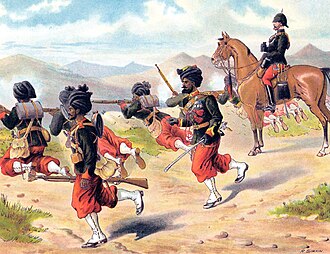 A British officer and soldiers of the 29th Bombay Native Infantry on field training, 1885