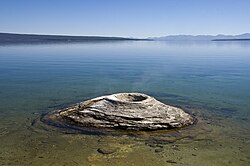 Fishing Cone Geyser and Yellowstone Lake