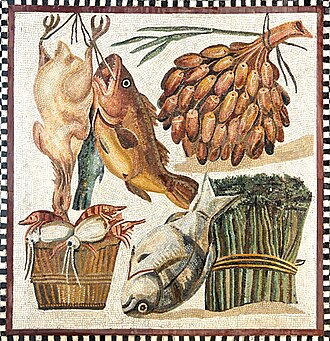 Still life on a 2nd-century mosaic, with fish, poultry, dates and vegetables from the Vatican museum