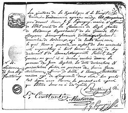 Facsimile of the birth certificate of Jean-Baptiste Roustaing, 1805.