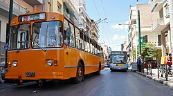 A ZiU-9 trolleybus in service in Piraeus, Greece, on the large Athens-area trolleybus system. The Russian-built ZiU-9 (also known as the ZiU-682), introduced in 1972, is the most numerous trolleybus model in history, with more than 45,000 built.[5]: 114 In the 2000s it was effectively rendered obsolete by low-floor designs.