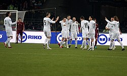 Slovenian players celebrating Nejc Pečnik's goal against Russia in the 2010 World Cup play-offs.