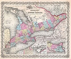 Map of Canada West from 1855. Canada West formed the western portion of the Province of Canada.