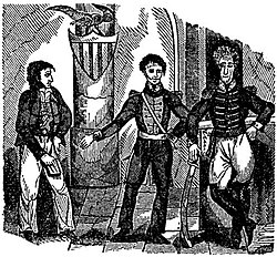 An 1837 woodcut of Lafitte, Governor W.C.C. Claiborne, and General Andrew Jackson during the War of 1812