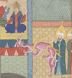 Islamic illustration of Musa (left) and Harun (right) transforming the staff to attack Pharaoh and his sorcerers