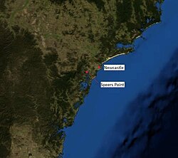 The continental shelf of Australia, which is proximate to the coasts of Newcastle and Sydney (bottom left)