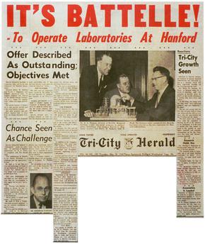 This November 1964 Tri-City Herald newspaper clip announces Battelle has been selected to manage the new Pacific Northwest Laboratory in Richland beginning in January 1965.