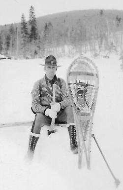 Allagash District warden Dave Jackson on snowshoe patrol in 1941