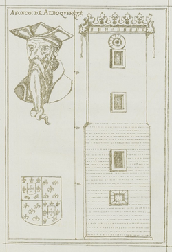 An illustration of the keep of the fortress of Malacca, which included a stone relief of Afonso de Albuquerque, by Manuel Godinho de Erédia (1613)