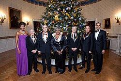 Brubeck (third from left), among Kennedy Center honorees 2009, flanked by President and Mrs. Obama at the Blue Room, White House, December 6, 2009 (his 89th birthday)