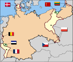 A map of Germany. It is colour-coded to show the transfer of territory from German to the surrounding countries and define the new borders.