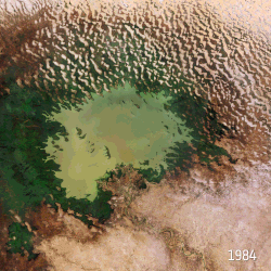 Satellite image of Lake Chad, showing it shrinking between 1984 and 2018