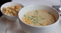 Mustard soup with croutons