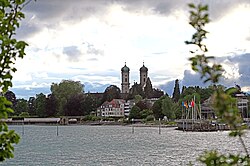 View from Lake Constance of All Saints' Church and Graf Zeppelin House